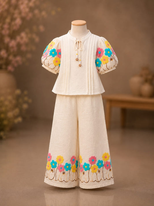 Premium Girls Floral Embroidered Top & Palazzo Co-Ord Set | Cream | Party Wear | Sizes 6–12 Years