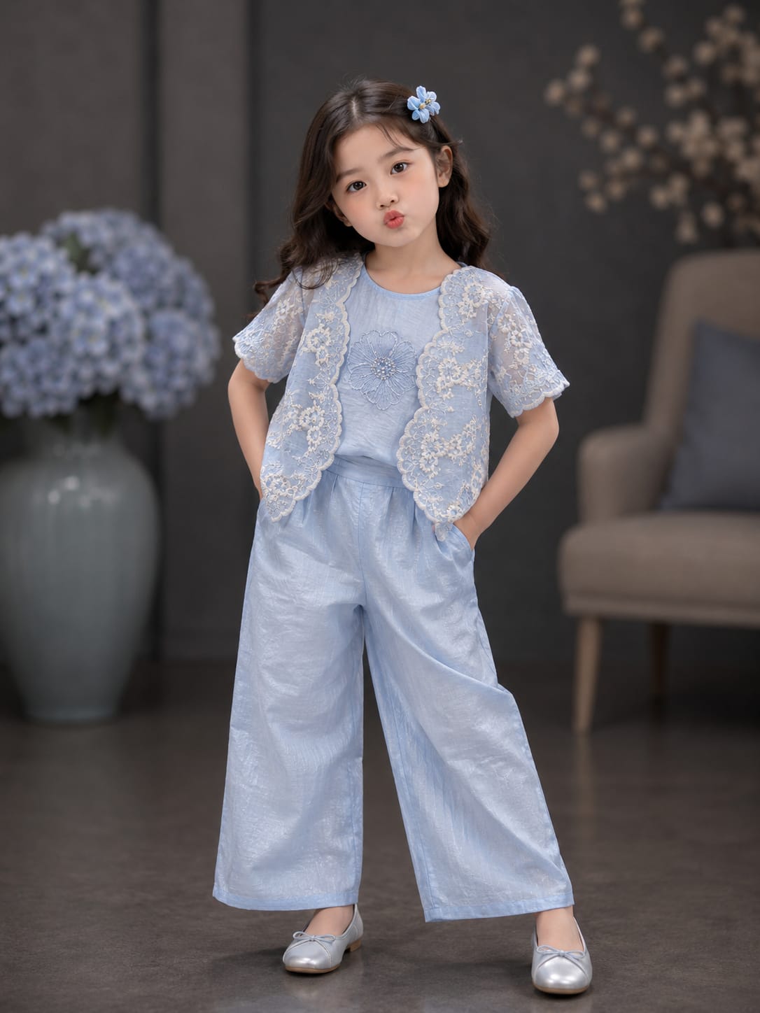 Premium Girls Lace 3-Piece Co-Ord Set | Sky Blue | Party Wear | Sizes 6–12 Years