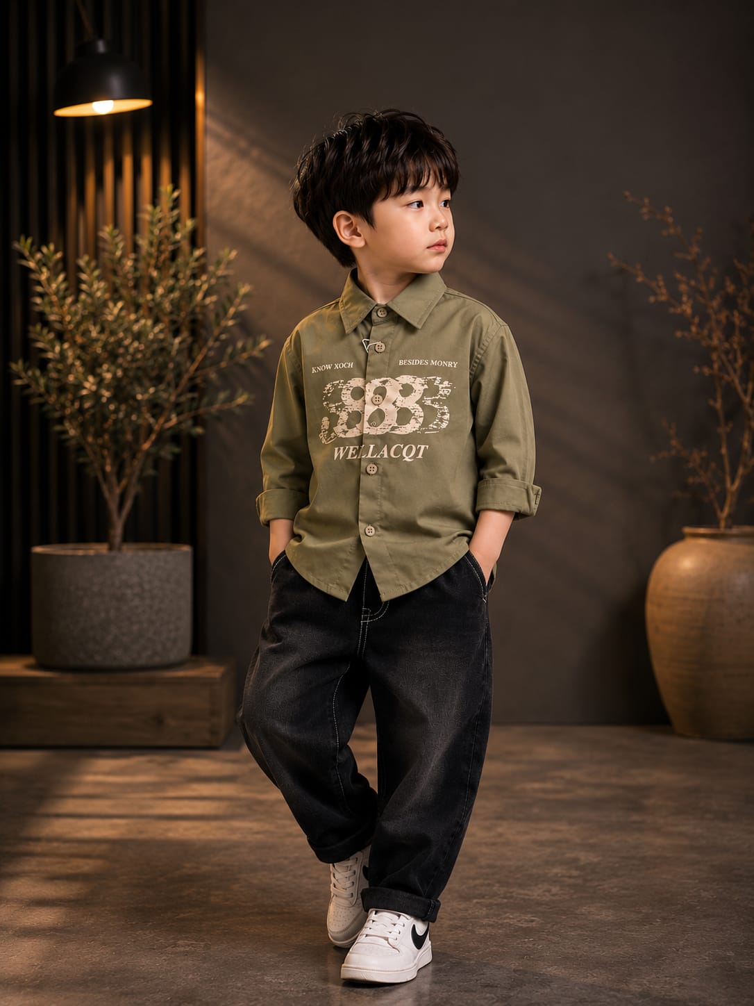 Premium Boys Olive Green Printed Cotton Full Sleeve Shirt | Casual & Party Wear | Sizes 1–5 Years