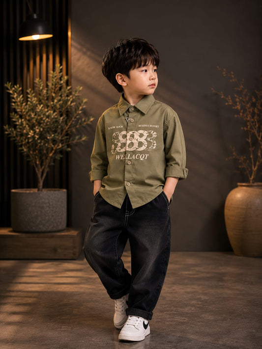 Premium Boys Olive Green Printed Cotton Full Sleeve Shirt | Casual & Party Wear | Sizes 1–5 Years