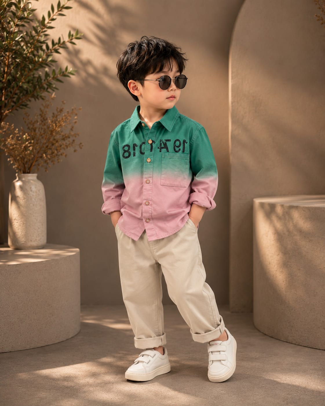 Premium Boys Green & Pink Ombre Cotton Full Sleeve Shirt | Casual & Party Wear | Sizes 2–7 Years
