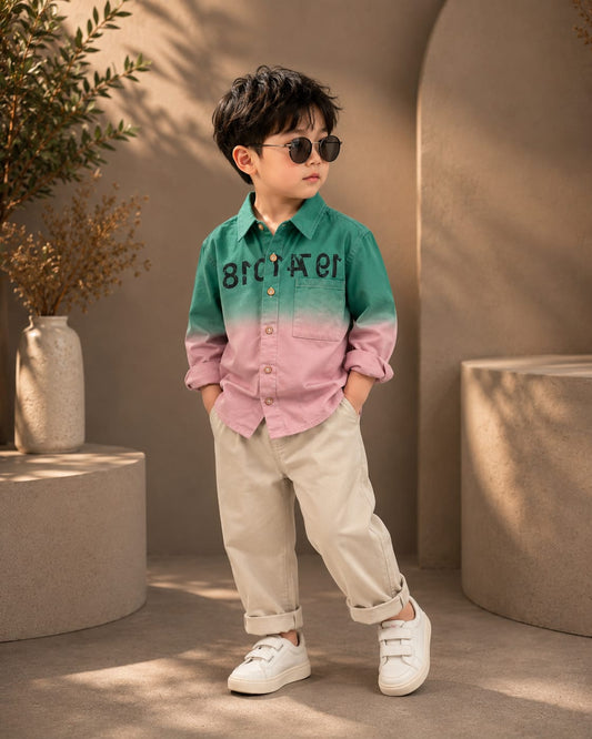 Premium Boys Green & Pink Ombre Cotton Full Sleeve Shirt | Casual & Party Wear | Sizes 2–7 Years