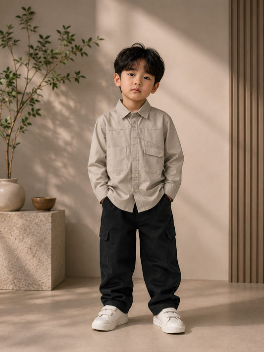 Premium Boys Solid Full Sleeve Casual Shirt | Cotton Blend Utility Pocket Shirt | Sizes 2–10 Years