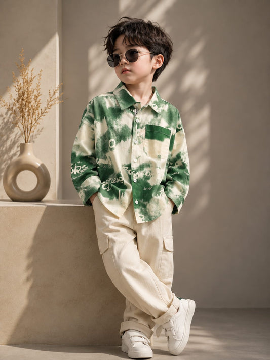 Boys Premium Green Tie-Dye Printed Casual Shirt | Full Sleeve Cotton Blend Shirt | Ages 4–10 Years