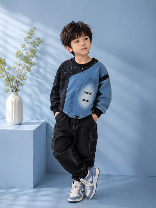 Boys Denim Patchwork Fleece Sweatshirt | Premium Full Sleeve Casual Sweatshirt | 6–12 Years