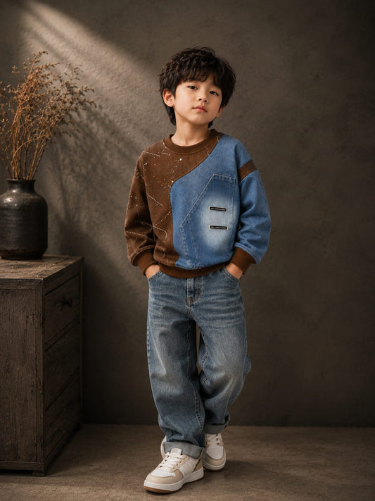 Boys Denim Patchwork Cotton Fleece Sweatshirt | Premium Full Sleeve Casual Sweatshirt | 6–12 Years