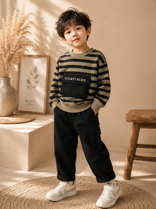 Boys Striped Cotton Fleece Sweatshirt with Utility Pocket | Premium Full Sleeve Casual Sweatshirt | 6–12 Years