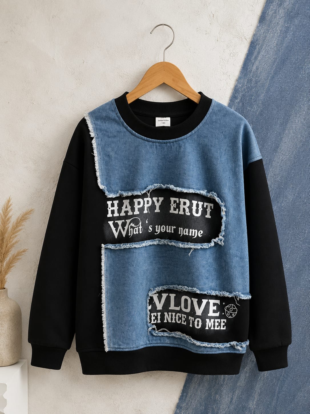 Boys Denim Patchwork Cotton Fleece Sweatshirt | Premium Full Sleeve Casual Sweatshirt | 6–12 Years