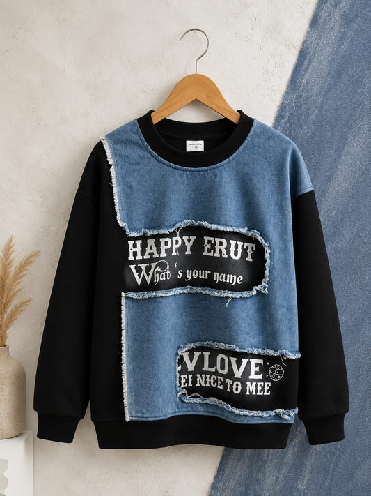 Boys Denim Patchwork Cotton Fleece Sweatshirt | Premium Full Sleeve Casual Sweatshirt | 6–12 Years