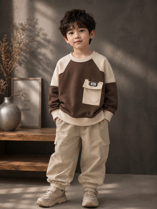 Boys Premium Cotton Fleece Color Block Sweatshirt with Utility Pocket | Full Sleeve Casual Sweatshirt | 6–12 Years