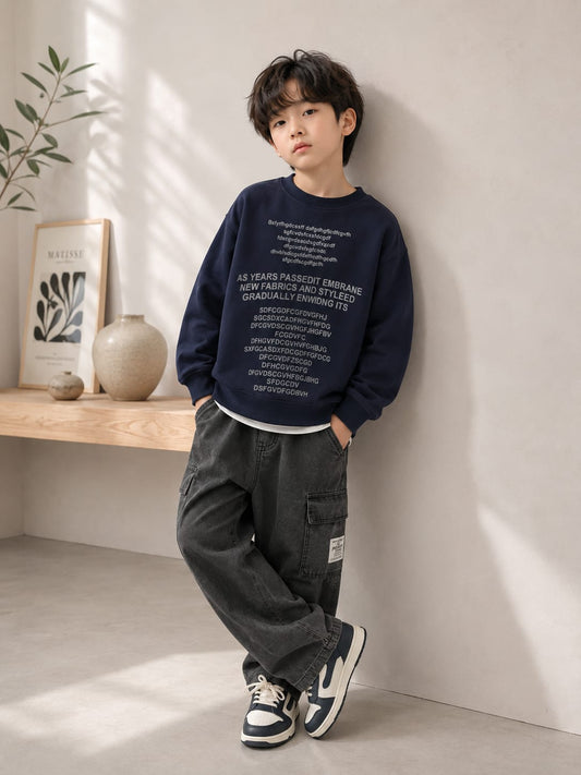Boys Premium Printed Cotton Fleece Sweatshirt | Full Sleeve Casual Wear | Navy Blue | 6–12 Years