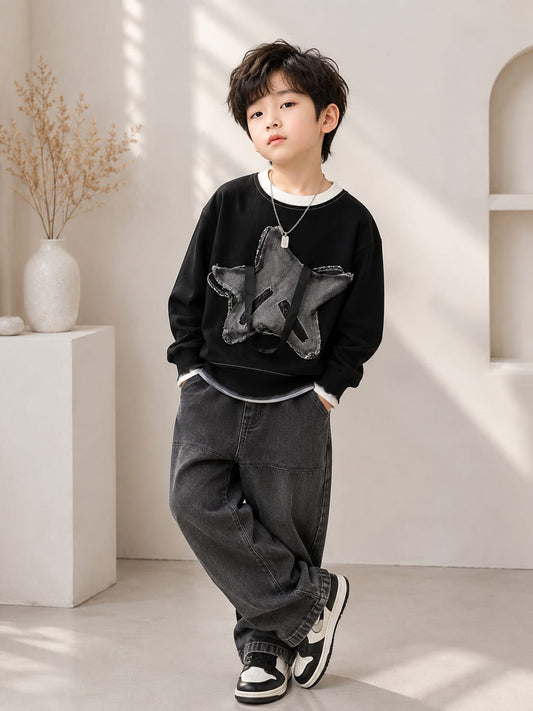 Boys Premium Star Patch All Season Sweatshirt | Full Sleeve Casual Wear | Black | 6–12 Years