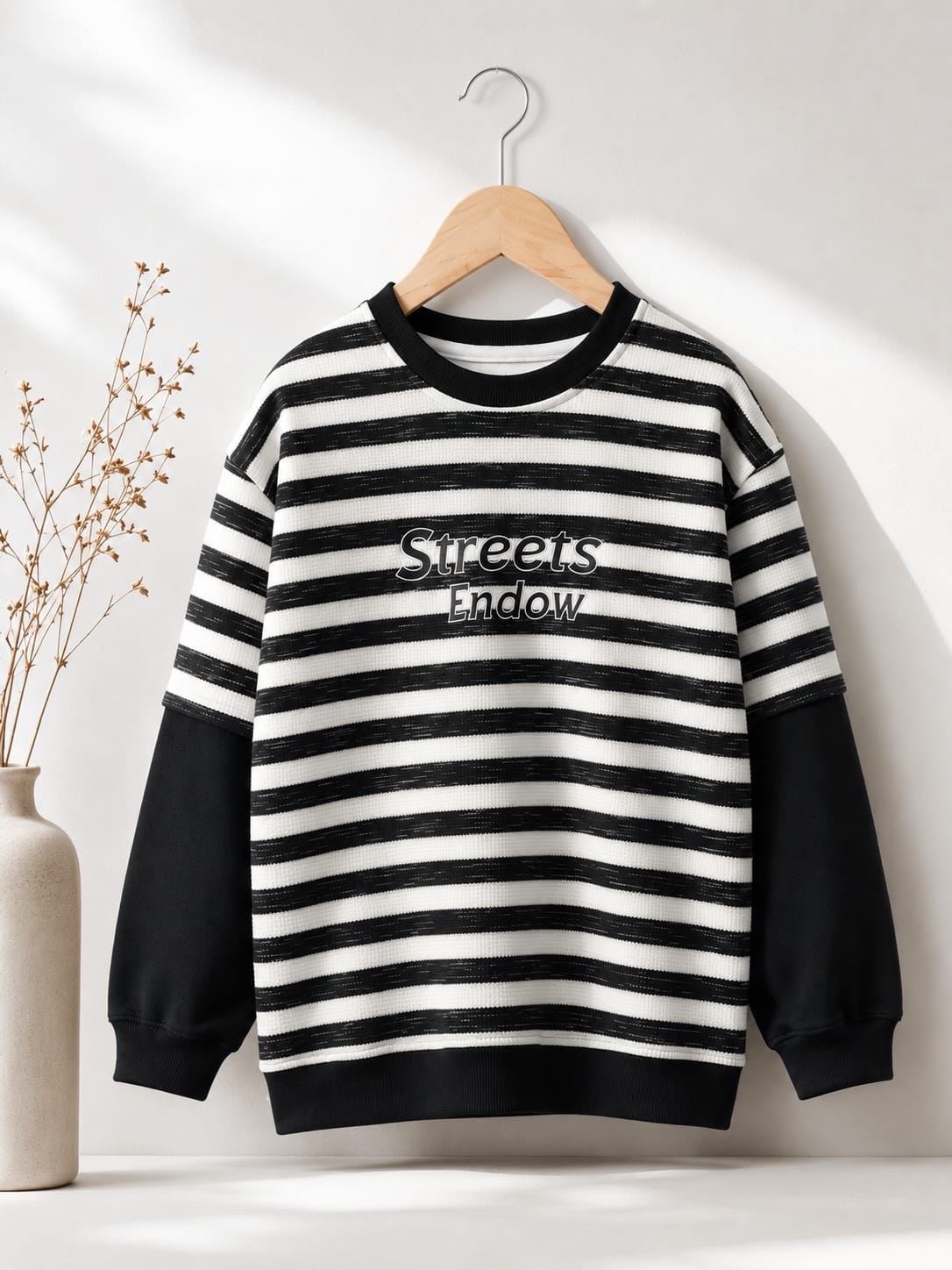 Boys Premium Striped All Season Sweatshirt | Full Sleeve Casual Wear | Black & White | 6–12 Years