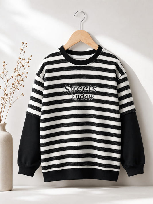 Boys Premium Striped All Season Sweatshirt | Full Sleeve Casual Wear | Black & White | 6–12 Years