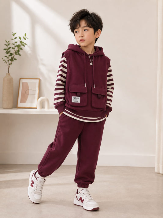 Boys Premium All Season 3-Piece Hooded Cord Set | Full Sleeve Casual Co-Ord Set | Maroon | 6–12 Years