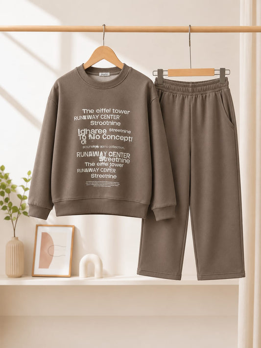 Boys Premium All Season 2-Piece Co-Ord Set | Printed Sweatshirt & Jogger Pants | Casual Wear | Brown | 6–12 Years