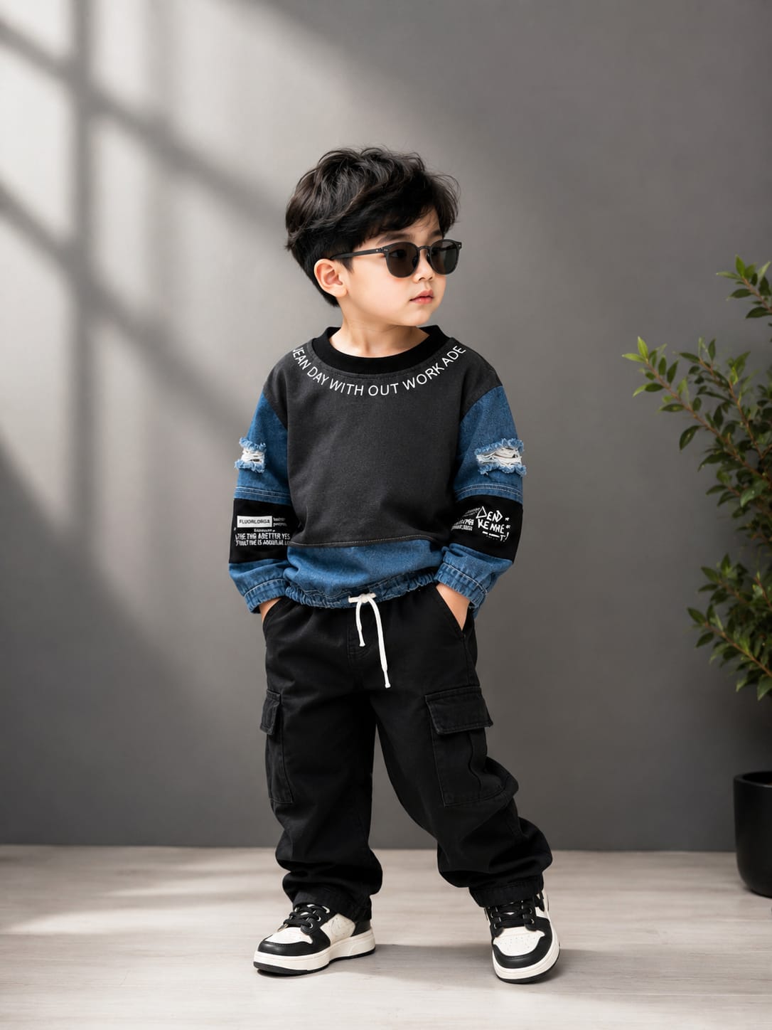 Boys Premium Denim Patchwork All Season Sweatshirt | Casual Full Sleeve Top | Sizes 18–26