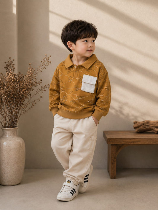 Boys Printed Polo Collar Sweatshirt with Utility Pocket | Premium Casual Sweatshirt | All Season | Sizes 18–26
