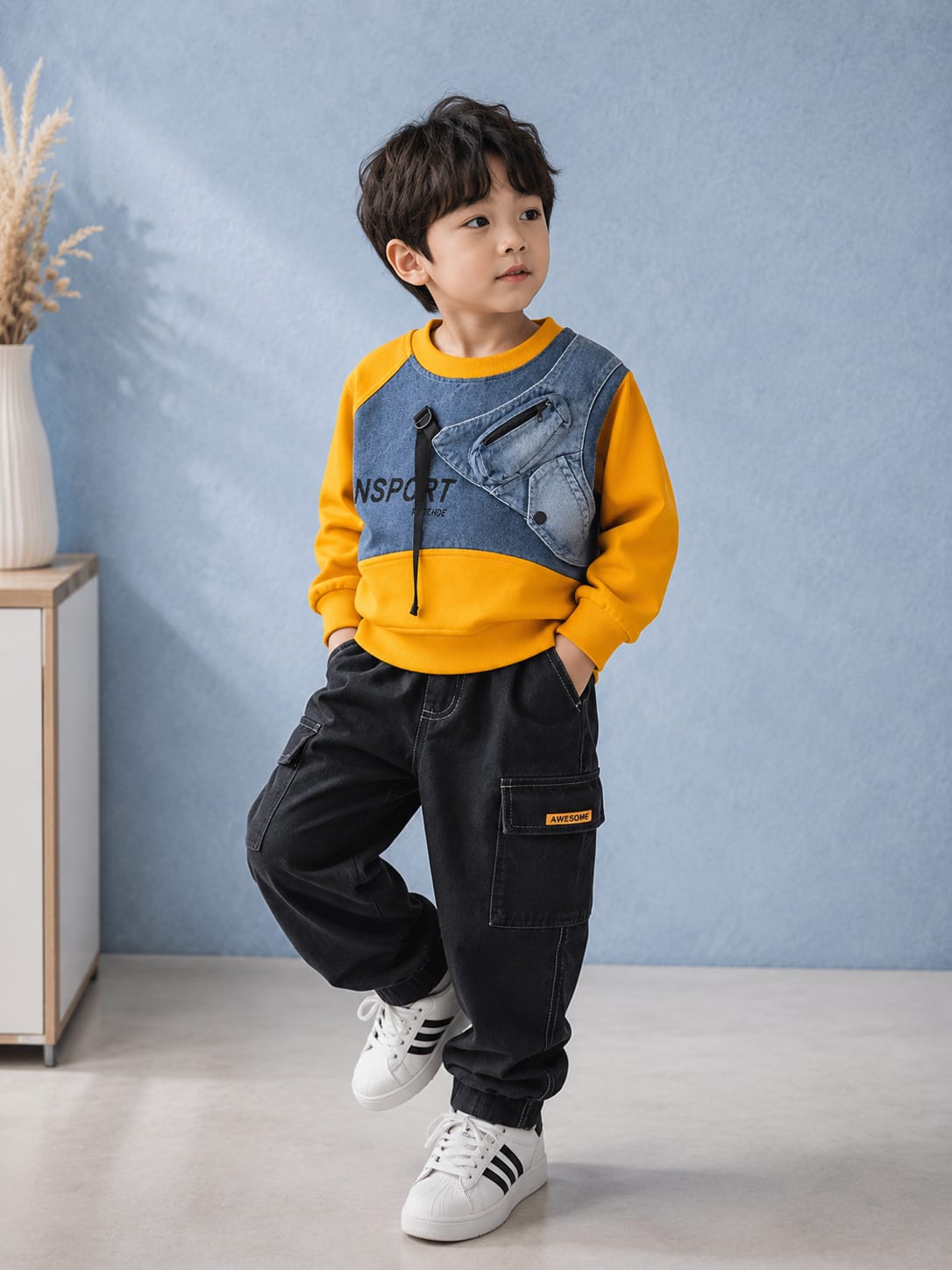 Boys Premium Denim Patch Sweatshirt | Stylish Casual Cotton Sweatshirt | All Season Wear | Size 18-26