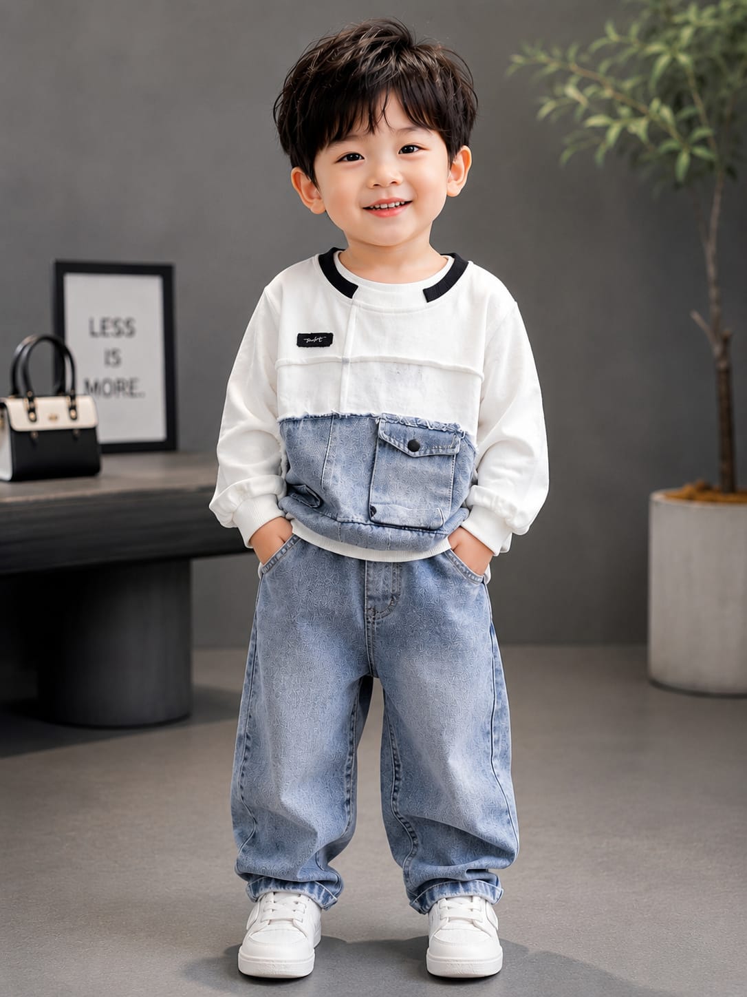 Boys Premium Denim Patchwork All Season Sweatshirt | Casual Full Sleeve Top | Sizes 18–26