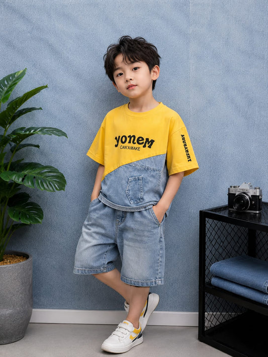 Boys Premium Denim Patch Half Sleeve Cotton T-Shirt | Casual Summer Wear | 1-7 Years