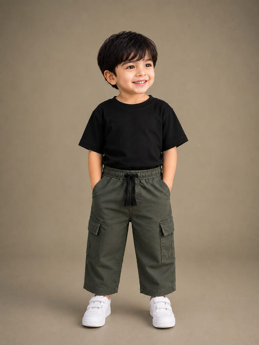 Kids Premium Olive Green Cargo Pants | Soft Cotton Casual Trousers for Boys & Girls | Size 18–26