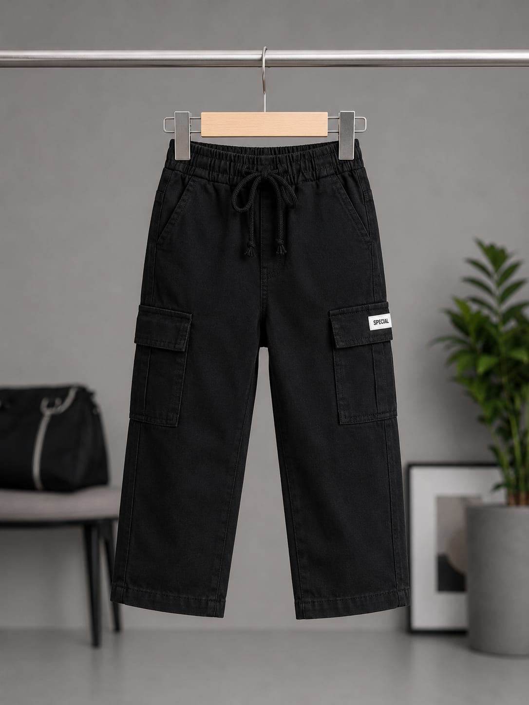 Kids Premium Black Cargo Pants | Soft Cotton Casual Trousers for Boys & Girls | Size 18–26