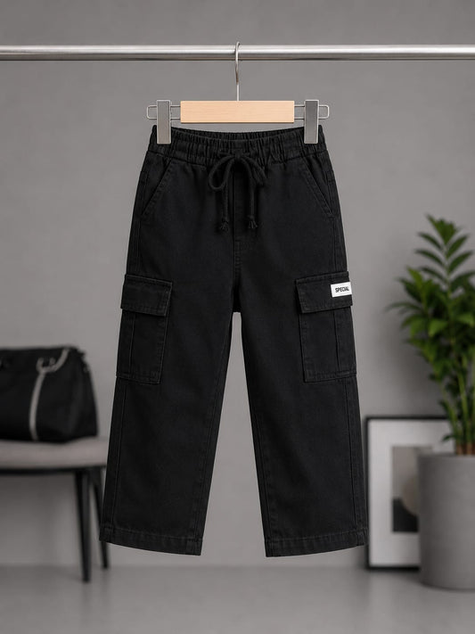 Kids Premium Black Cargo Pants | Soft Cotton Casual Trousers for Boys & Girls | Size 18–26
