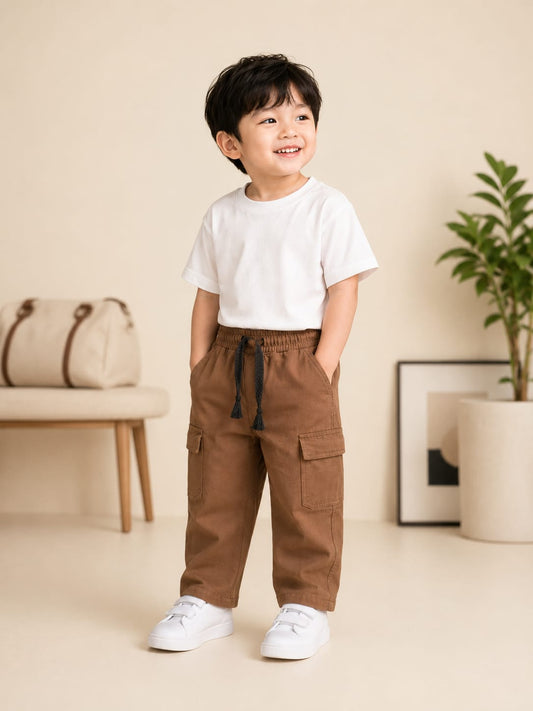 Kids Premium Brown Cargo Pants | Soft Cotton Casual Cargo Trousers | Size 18–26