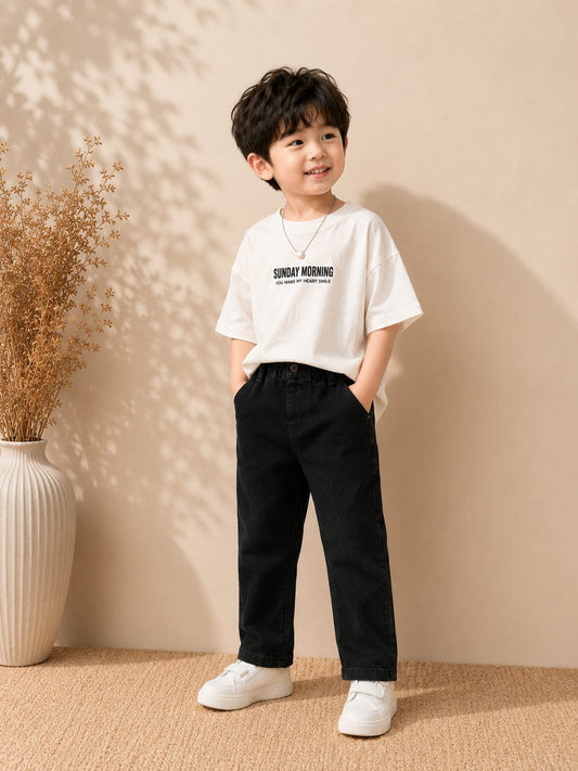 Kids Premium Black Elastic Waist Denim Jeans | Regular Fit | Unisex | Size 18-26