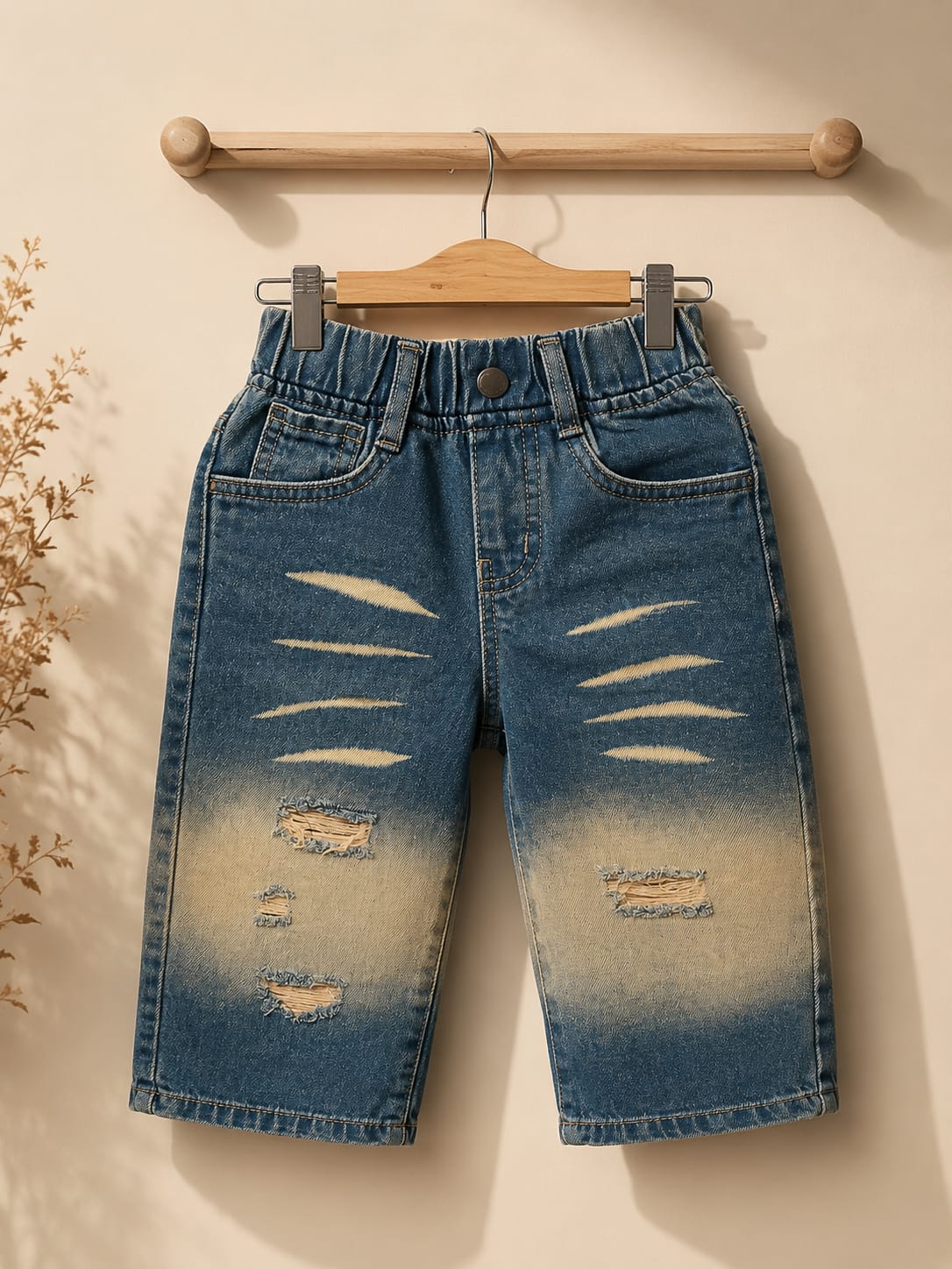 Wanster Kids Premium Distressed Denim Capri Jeans | Elastic Waist | Regular Fit | Size 18-26