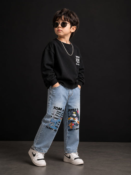 Kids Cartoon Print Denim Capri Jeans | Elastic Waist | Regular Fit | Size 18-26