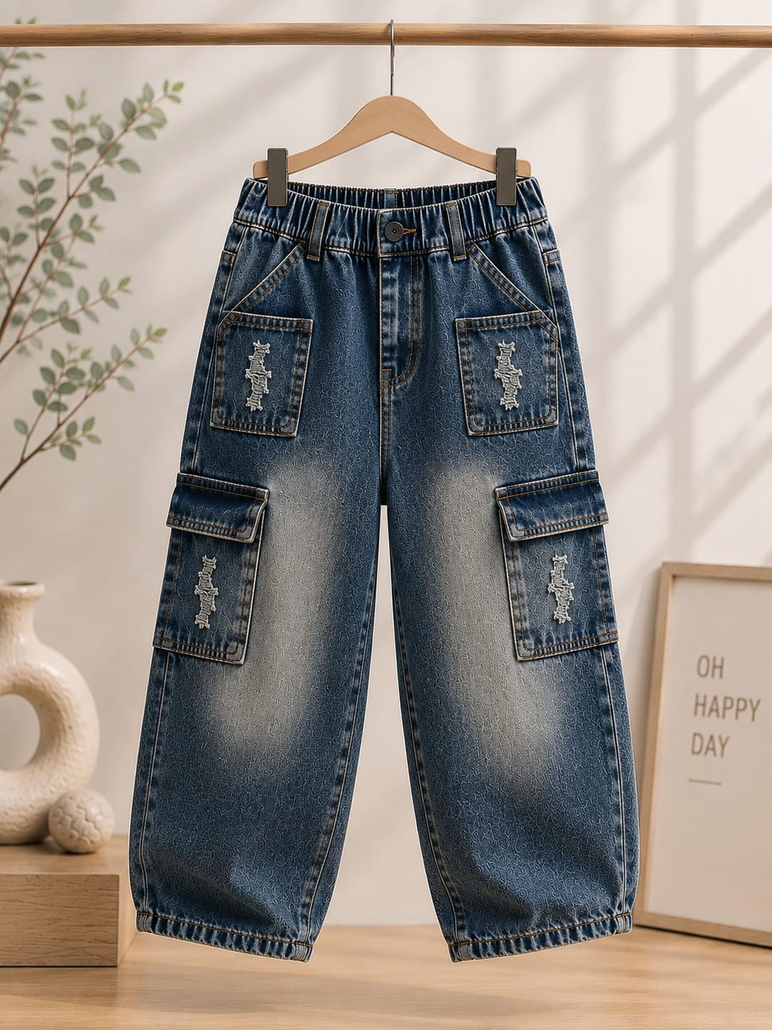 Kids Premium Cargo Baggy Denim Jeans | Multi Pocket | Elastic Waist | Size 18-26
