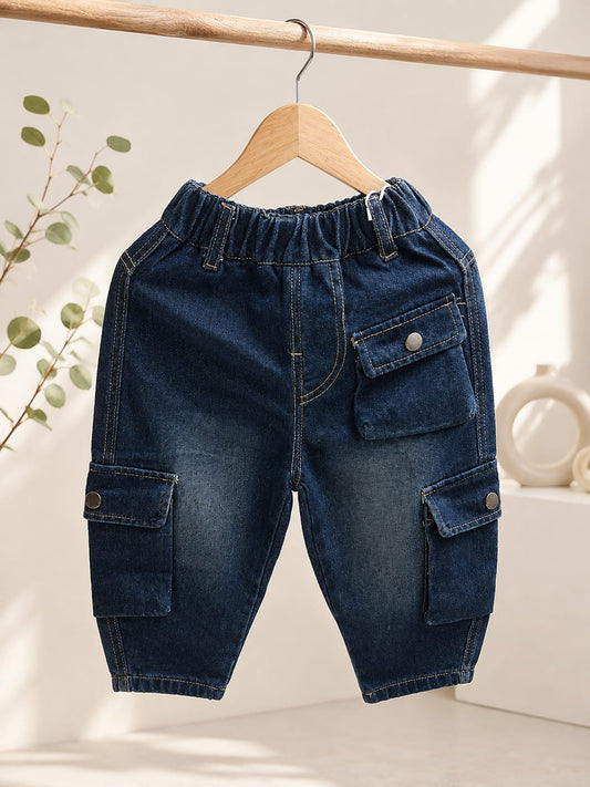 Kids Premium Denim Cargo Jogger Jeans | Elastic Waist | Dark Blue | Size 18-26