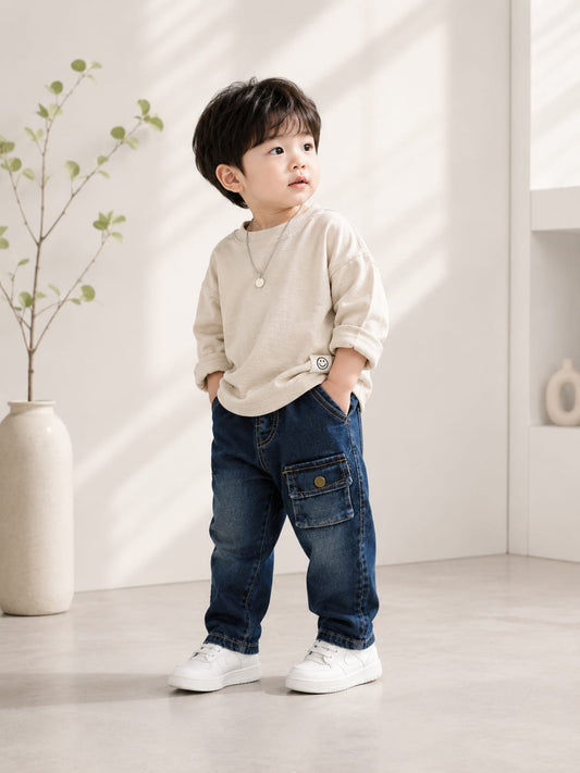 Kids Premium Denim Cargo Jeans | Single Utility Pocket | Elastic Waist | Size 18-26