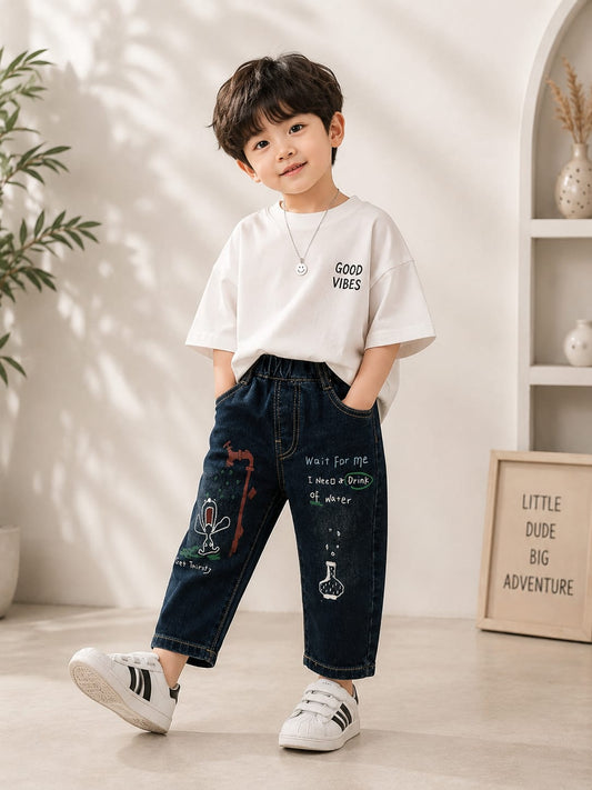 Kids Premium Graphic Print Denim Jeans | Elastic Waist |  | Size 18-26