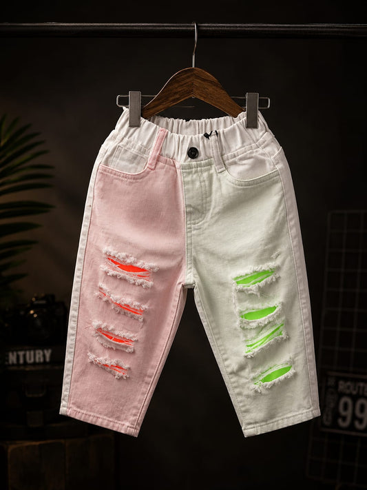 Wanster Kids Premium Color Block Distressed Denim White Jeans | Elastic Waist | Size 18-26