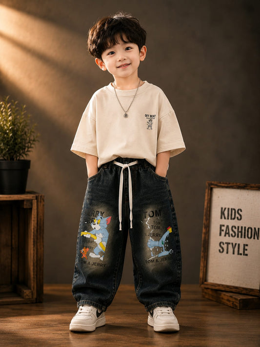 Wanster Kids Tom & Jerry Printed Denim Black Jeans | Premium Elastic Waist | Size 18-26