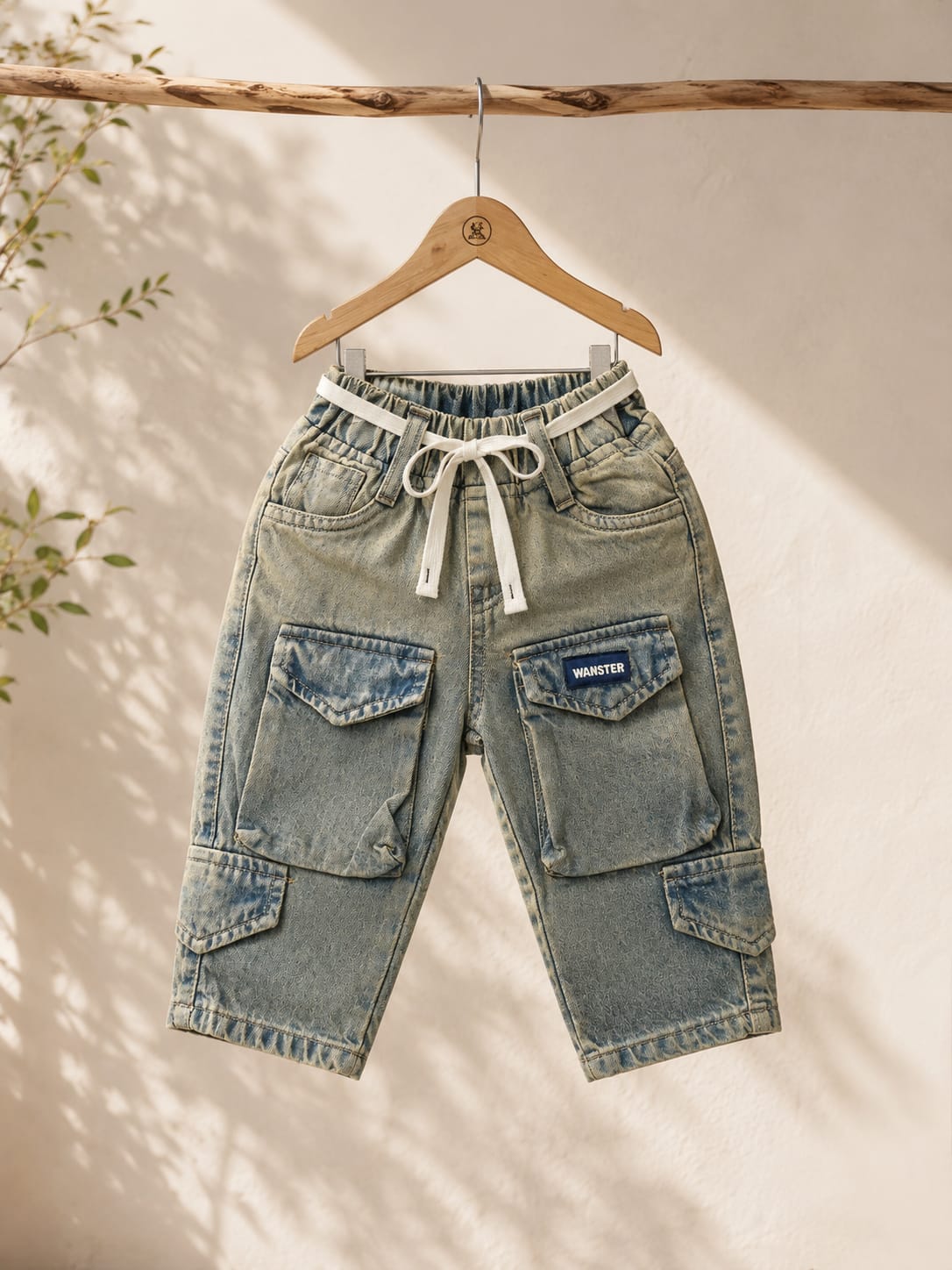 Wanster Baby Boys Cargo Denim Jeans | Premium Soft Elastic Waist | 6 Months to 3 Years