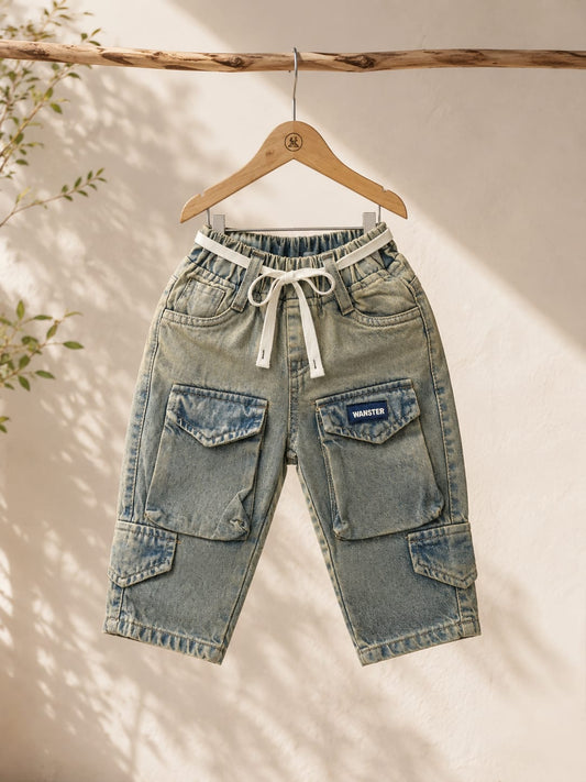 Wanster Baby Boys Cargo Denim Jeans | Premium Soft Elastic Waist | 6 Months to 3 Years