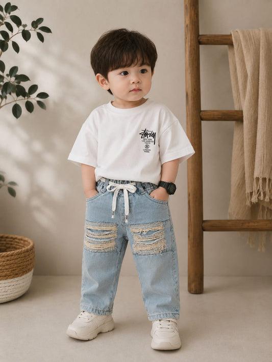Wanster Baby Boys Ripped Denim Jeans | Premium Soft Elastic Waist | Light Blue | 6 Months to 3 Years