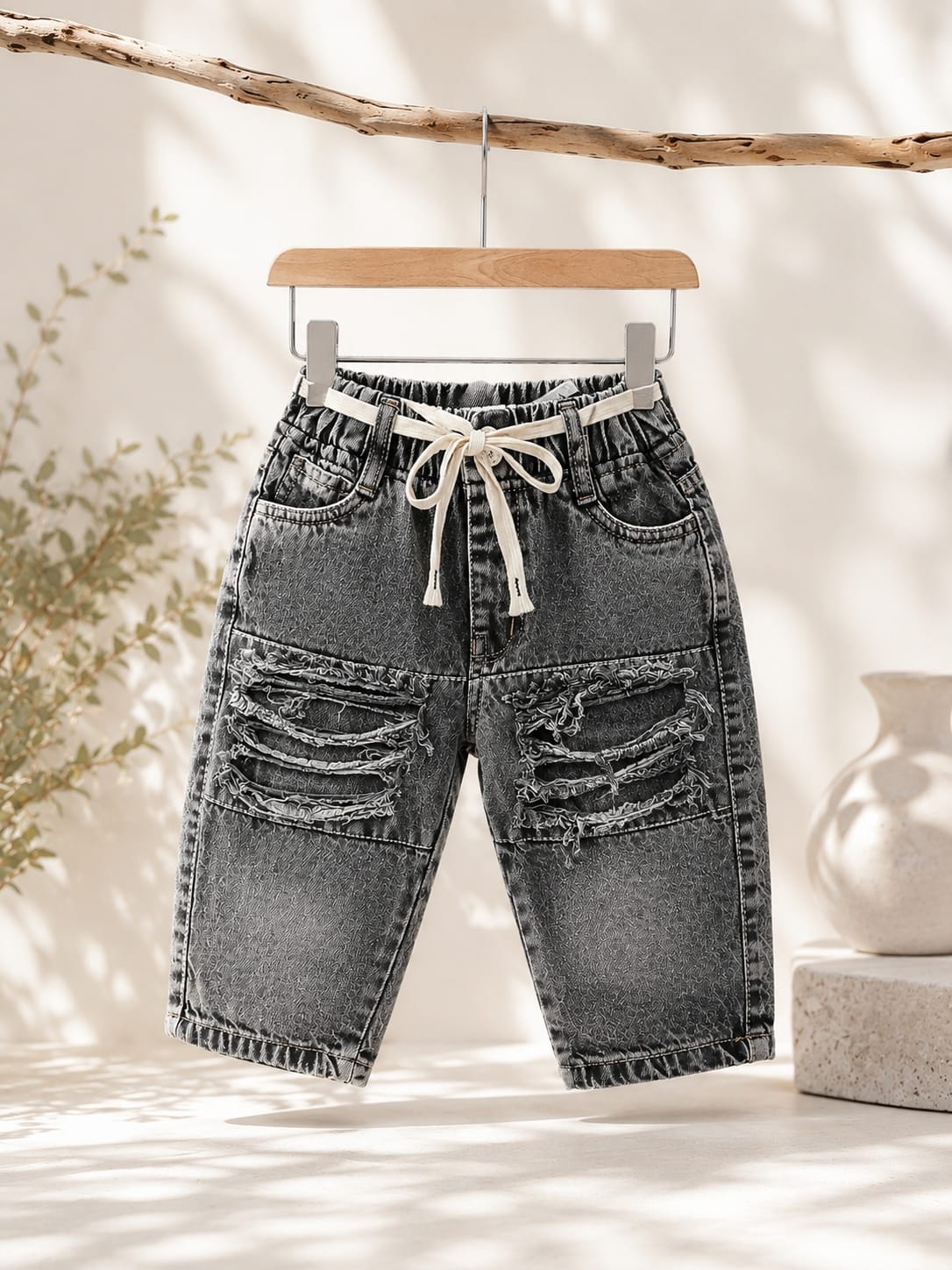 Wanster Baby Boys Ripped Denim Jeans | Premium Soft Elastic Waist | Black Wash | 6 Months to 3 Years