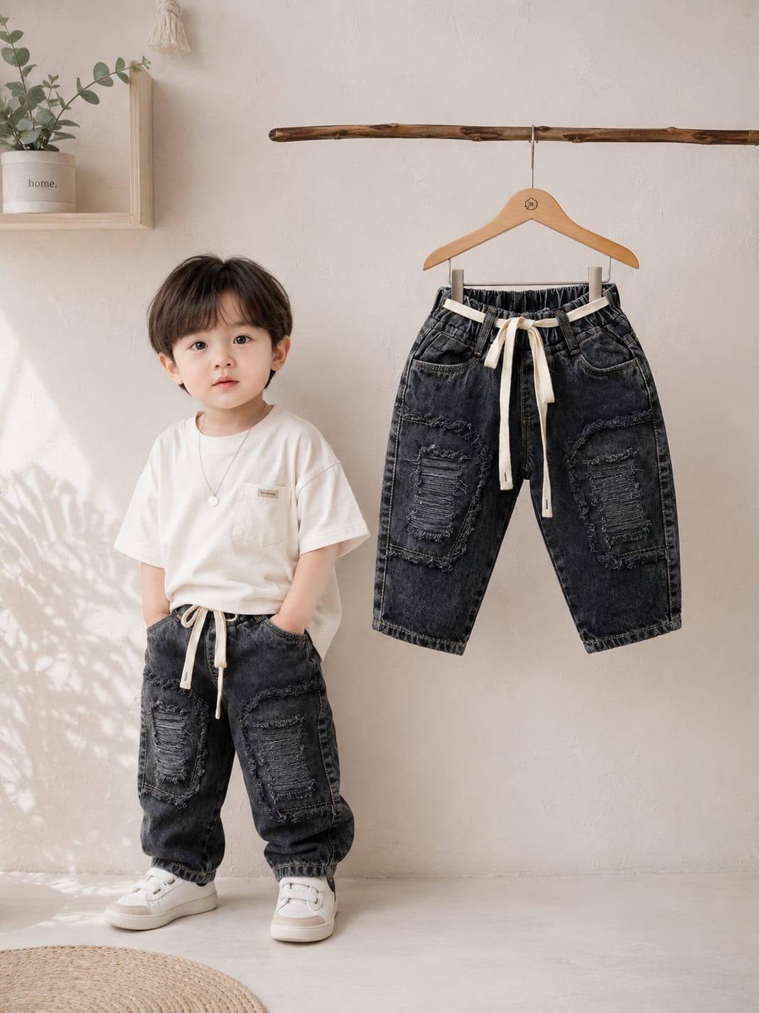 Wanster Baby Boys Black Washed Ripped Denim Jeans | Premium Soft Elastic Waist | 6 Months to 3 Years