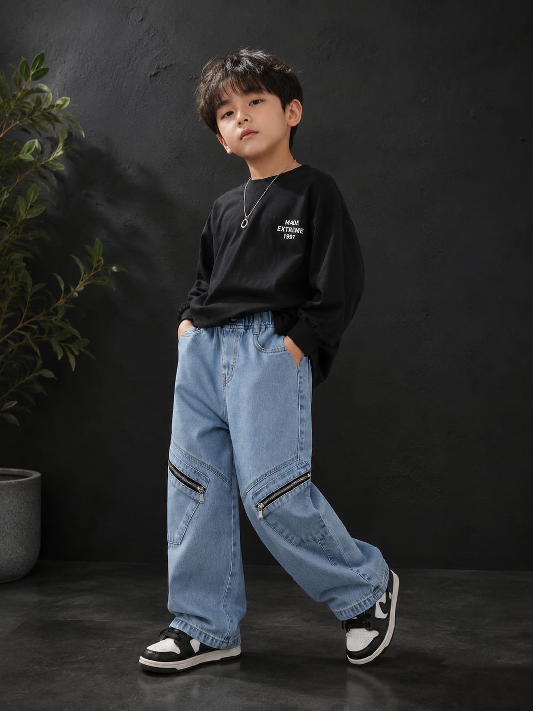Wanster Kids Light Blue Zip Pocket Cargo Jeans | Premium Denim | Elastic Waist | 6–12 Years