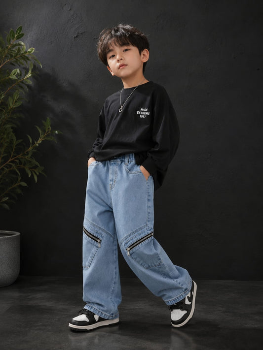 Wanster Kids Light Blue Zip Pocket Cargo Jeans | Premium Denim | Elastic Waist | 6–12 Years
