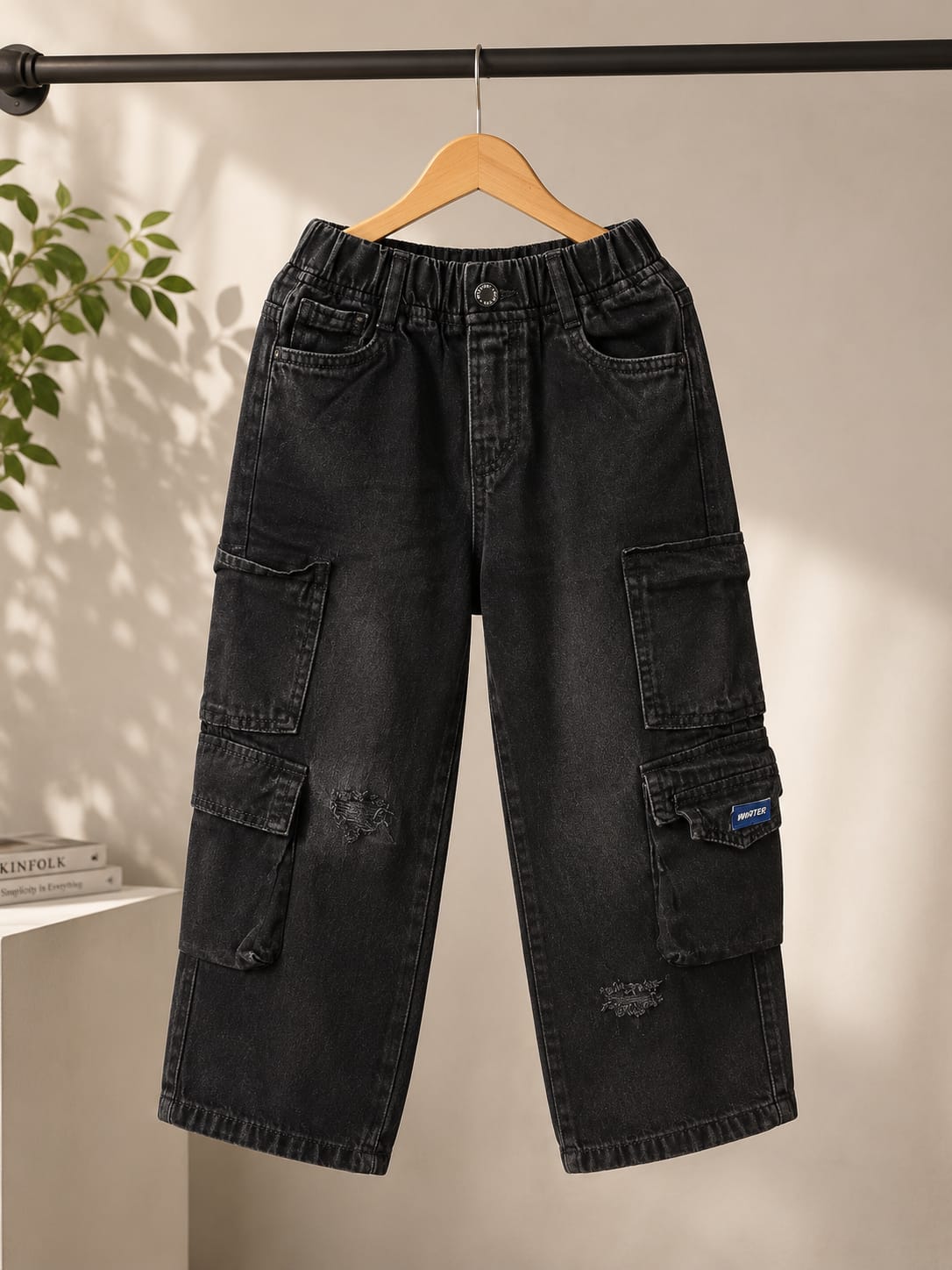 Wanster Kids Black Cargo Jeans | Premium Denim | Multi Pocket Wide Fit | 6–12 Years