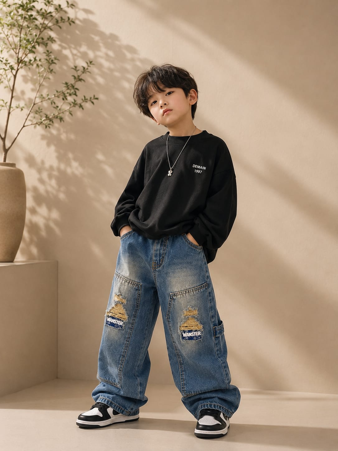 Wanster Kids Vintage Wash Wide Leg Jeans | Premium Denim | Distressed Style | 6–12 Years