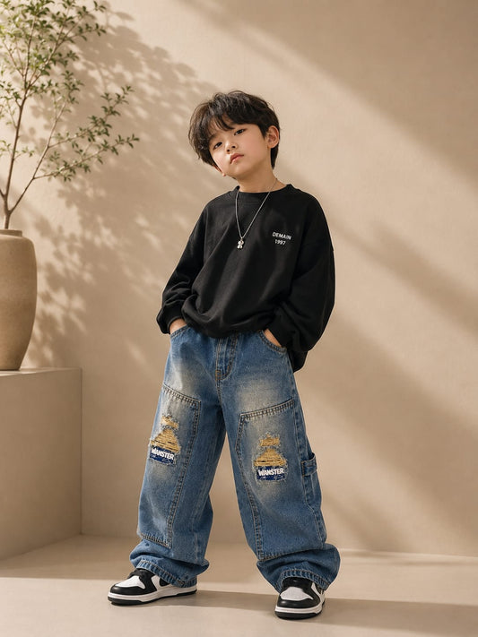 Wanster Kids Vintage Wash Wide Leg Jeans | Premium Denim | Distressed Style | 6–12 Years