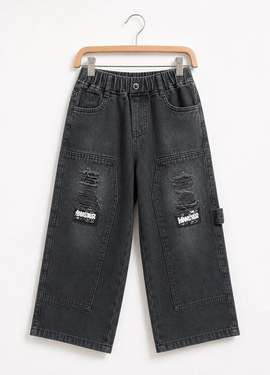Wanster Kids Black Wide Leg Jeans | Premium Denim | Distressed Patch Design | 6–12 Years