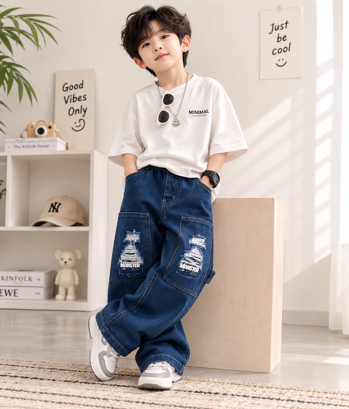 Wanster Kids Dark Blue Wide Leg Jeans | Premium Denim | Distressed Patch Style | 6–12 Years